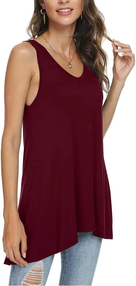POPYOUNG Women's Long Tunic Tank to Wear with Leggings Summer V-Neck Sleeveless Tops Loose Shirts