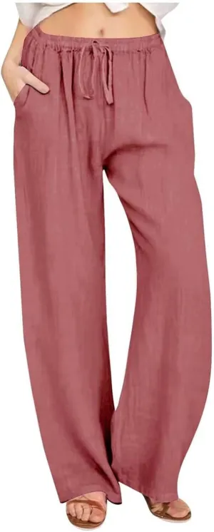 PTOLOCIF Linen Beach Pants Women,Casual Cotton Linen Pants Lightweight Elastic Waist Pant Summer Lounge Drawstring Pants