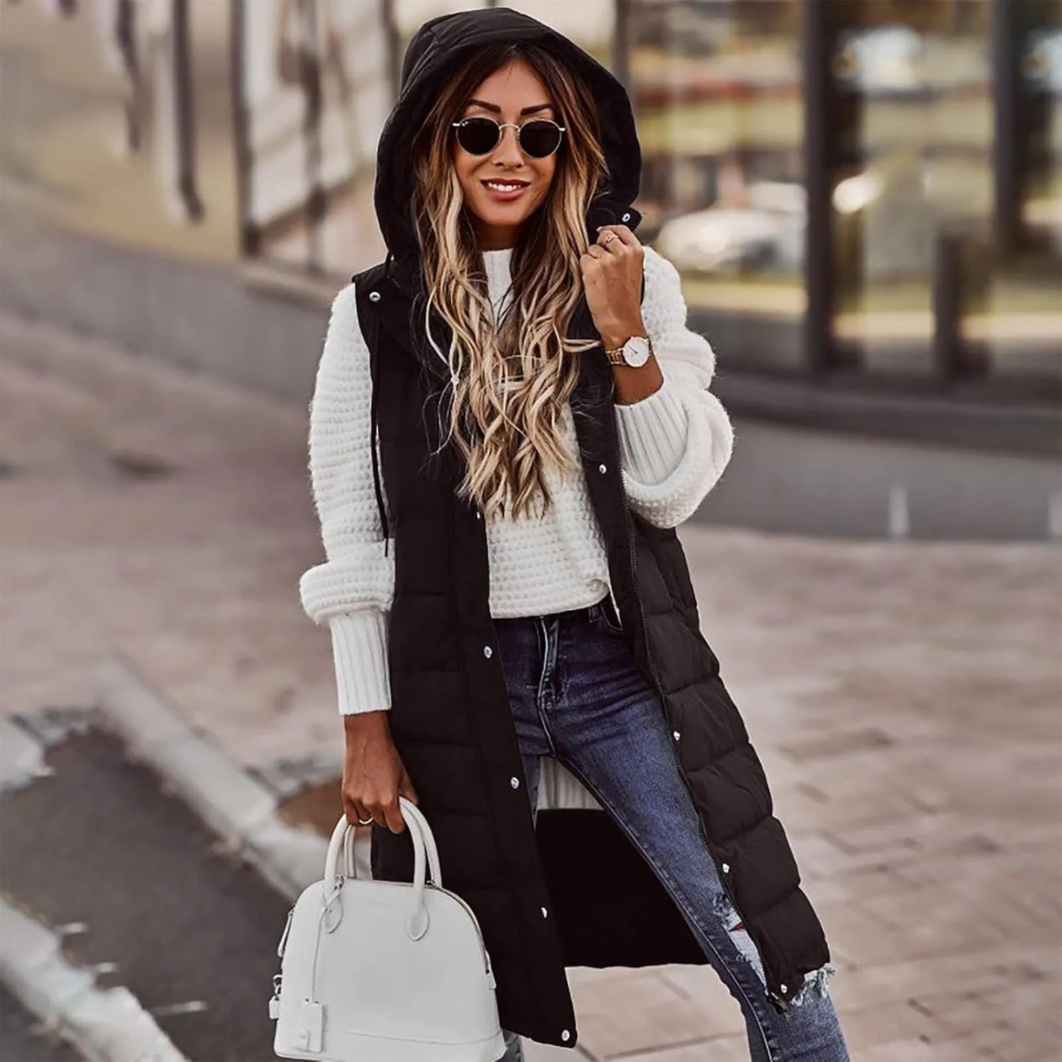 Puffer Vest Women Oversized Sleeveless Winter Coats Warm Zip Up Hoodie Casual Cotton Padded Jacket Long Outerwear