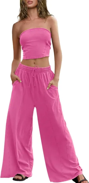 ReachMe Womens 2 Piece Summer Sets Beach Vacation Clothes Smocked Tube Tops and Wide Leg Pants Sets with Pockets
