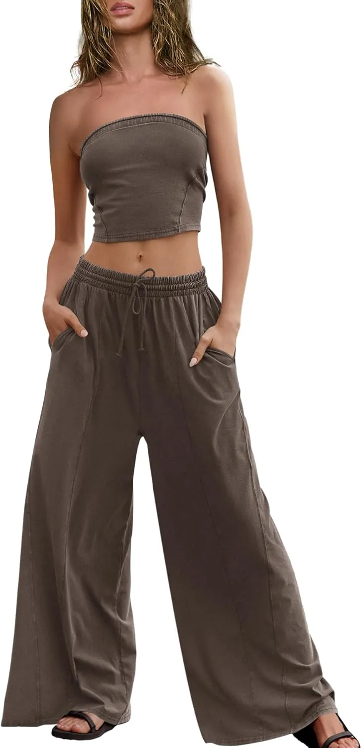ReachMe Womens 2 Piece Summer Sets Beach Vacation Clothes Smocked Tube Tops and Wide Leg Pants Sets with Pockets