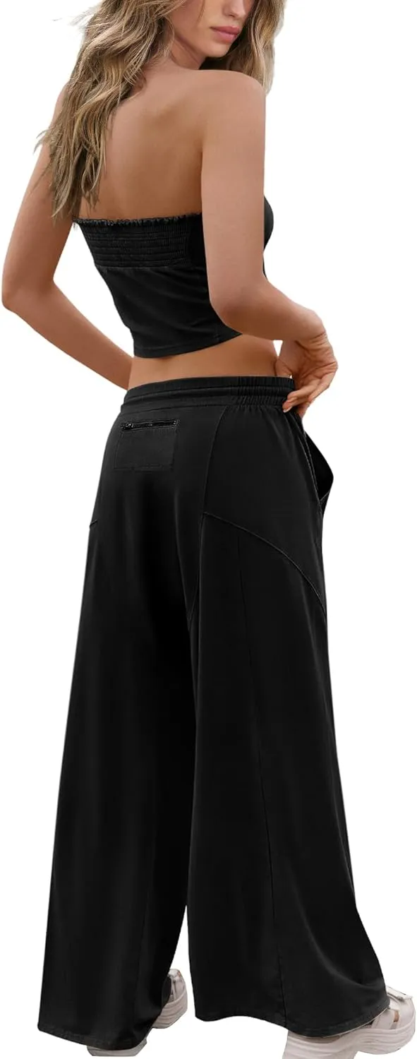 ReachMe Womens 2 Piece Summer Sets Beach Vacation Clothes Smocked Tube Tops and Wide Leg Pants Sets with Pockets