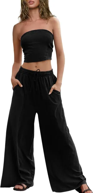 ReachMe Womens 2 Piece Summer Sets Beach Vacation Clothes Smocked Tube Tops and Wide Leg Pants Sets with Pockets