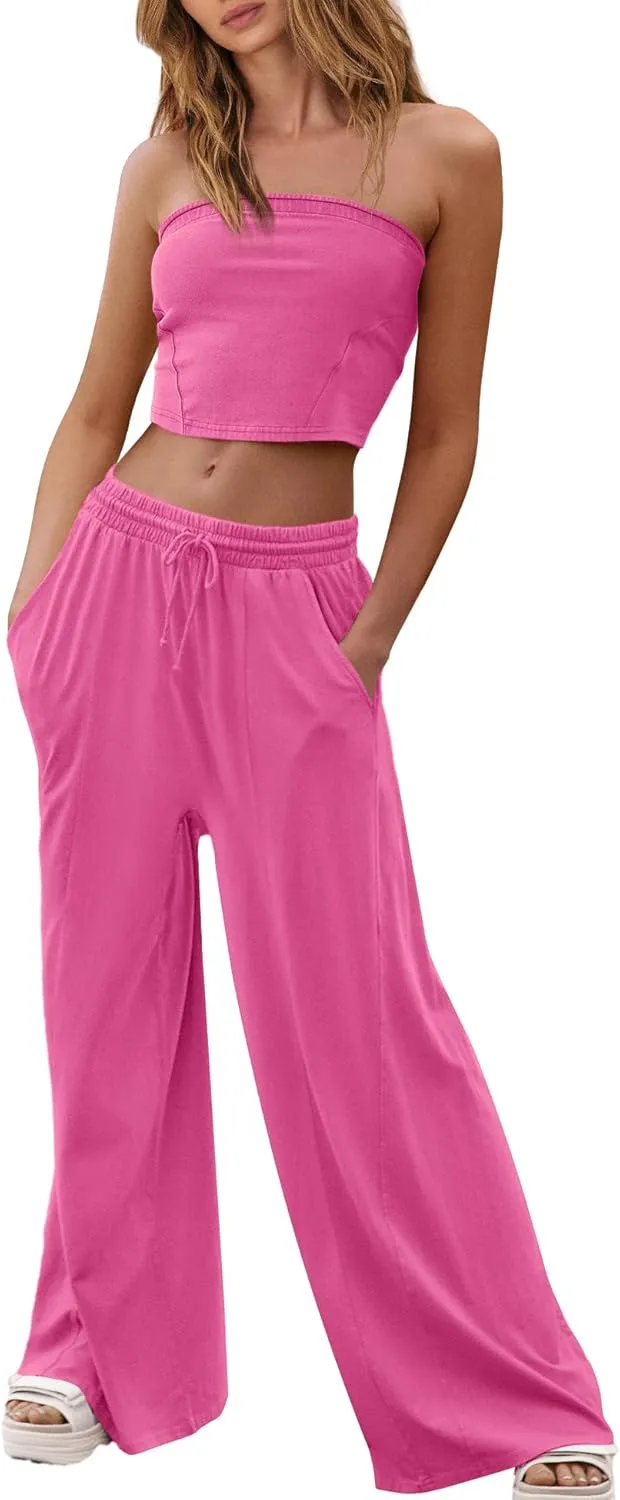 ReachMe Womens 2 Piece Summer Sets Beach Vacation Clothes Smocked Tube Tops and Wide Leg Pants Sets with Pockets
