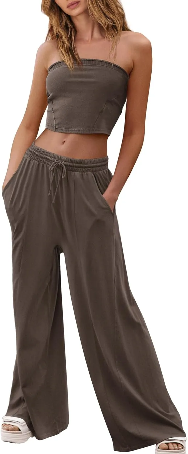 ReachMe Womens 2 Piece Summer Sets Beach Vacation Clothes Smocked Tube Tops and Wide Leg Pants Sets with Pockets