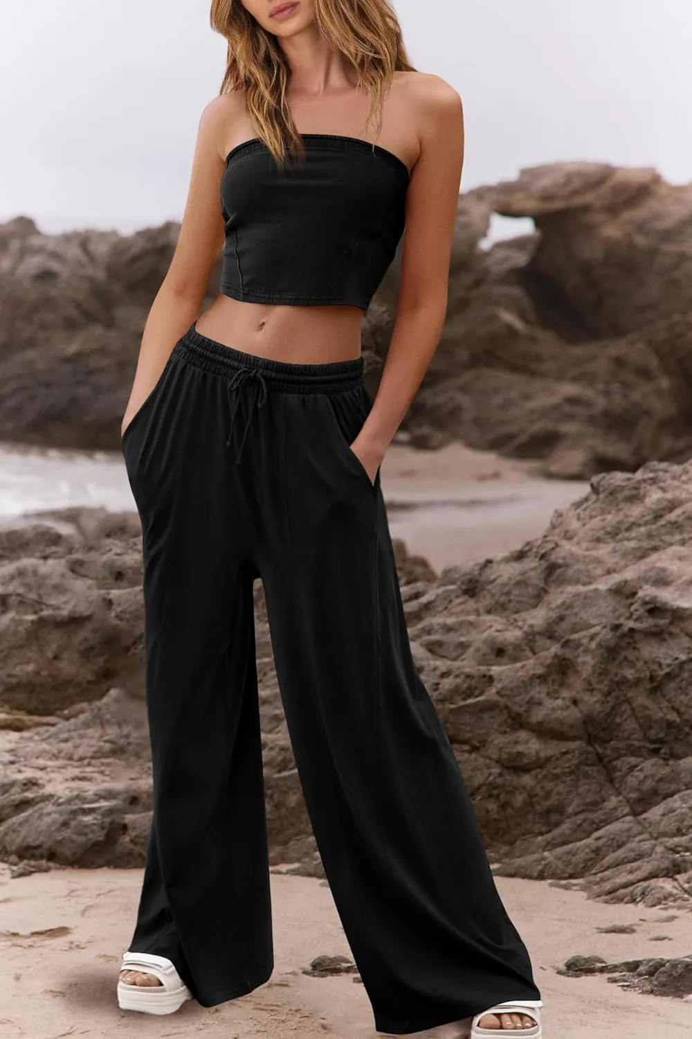 ReachMe Womens 2 Piece Summer Sets Beach Vacation Clothes Smocked Tube Tops and Wide Leg Pants Sets with Pockets