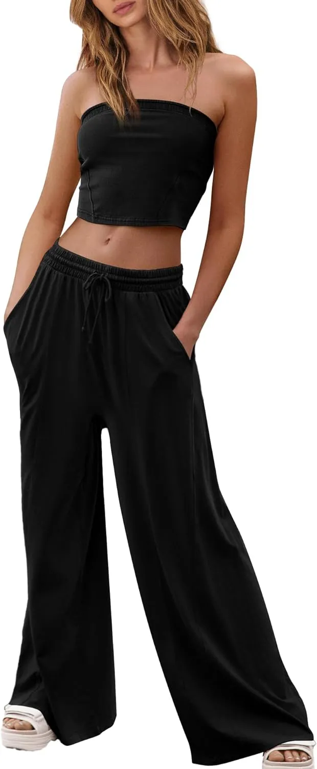 ReachMe Womens 2 Piece Summer Sets Beach Vacation Clothes Smocked Tube Tops and Wide Leg Pants Sets with Pockets