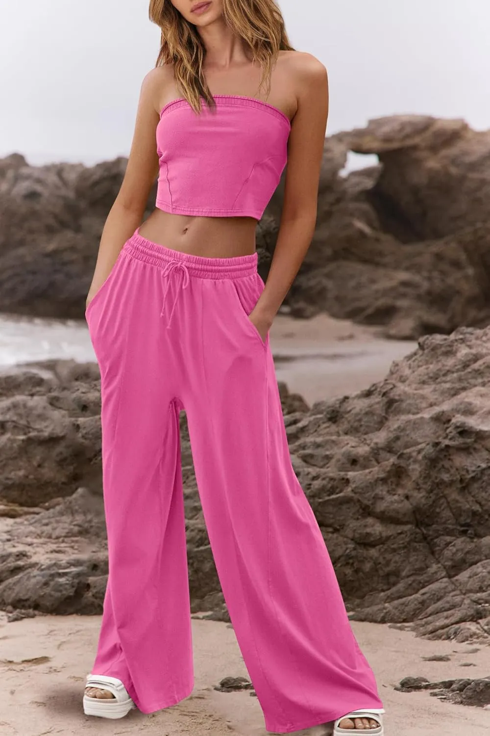 ReachMe Womens 2 Piece Summer Sets Beach Vacation Clothes Smocked Tube Tops and Wide Leg Pants Sets with Pockets
