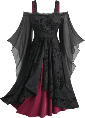Rosegal Plus Size Medieval Vintage Costume Cold Shoulder Flare Sleeve Goth Dresses