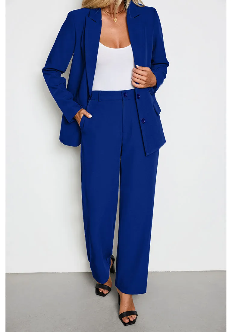 Royal Blue Women's Business Casual 2 Piece Blazer Jacket Straight Leg High Waisted Pants Suits