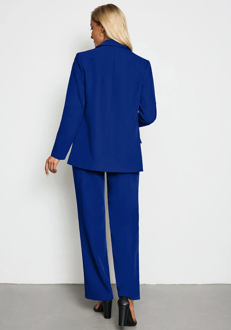 Royal Blue Women's Business Casual 2 Piece Blazer Jacket Straight Leg High Waisted Pants Suits