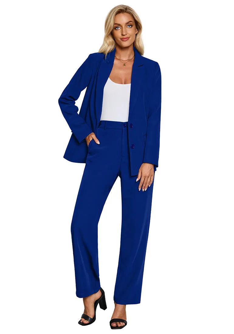 Royal Blue Women's Business Casual 2 Piece Blazer Jacket Straight Leg High Waisted Pants Suits