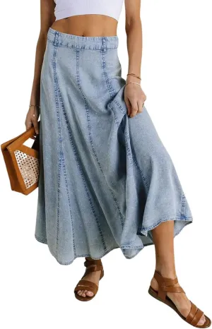 Ru Sweet Women Vintage Long Denim Skirt Flowy Big Hem Slouchy Washed Jean Skirt