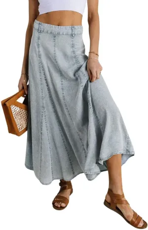 Ru Sweet Women Vintage Long Denim Skirt Flowy Big Hem Slouchy Washed Jean Skirt
