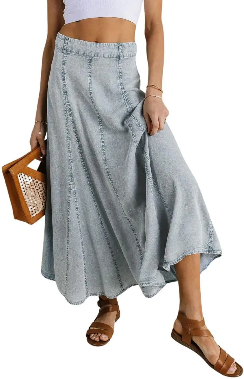 Ru Sweet Women Vintage Long Denim Skirt Flowy Big Hem Slouchy Washed Jean Skirt
