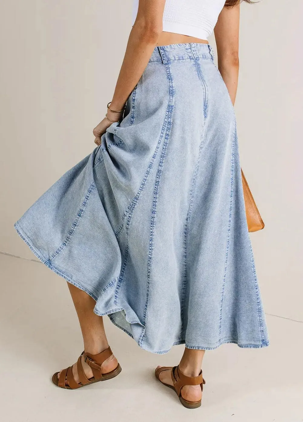 Ru Sweet Women Vintage Long Denim Skirt Flowy Big Hem Slouchy Washed Jean Skirt