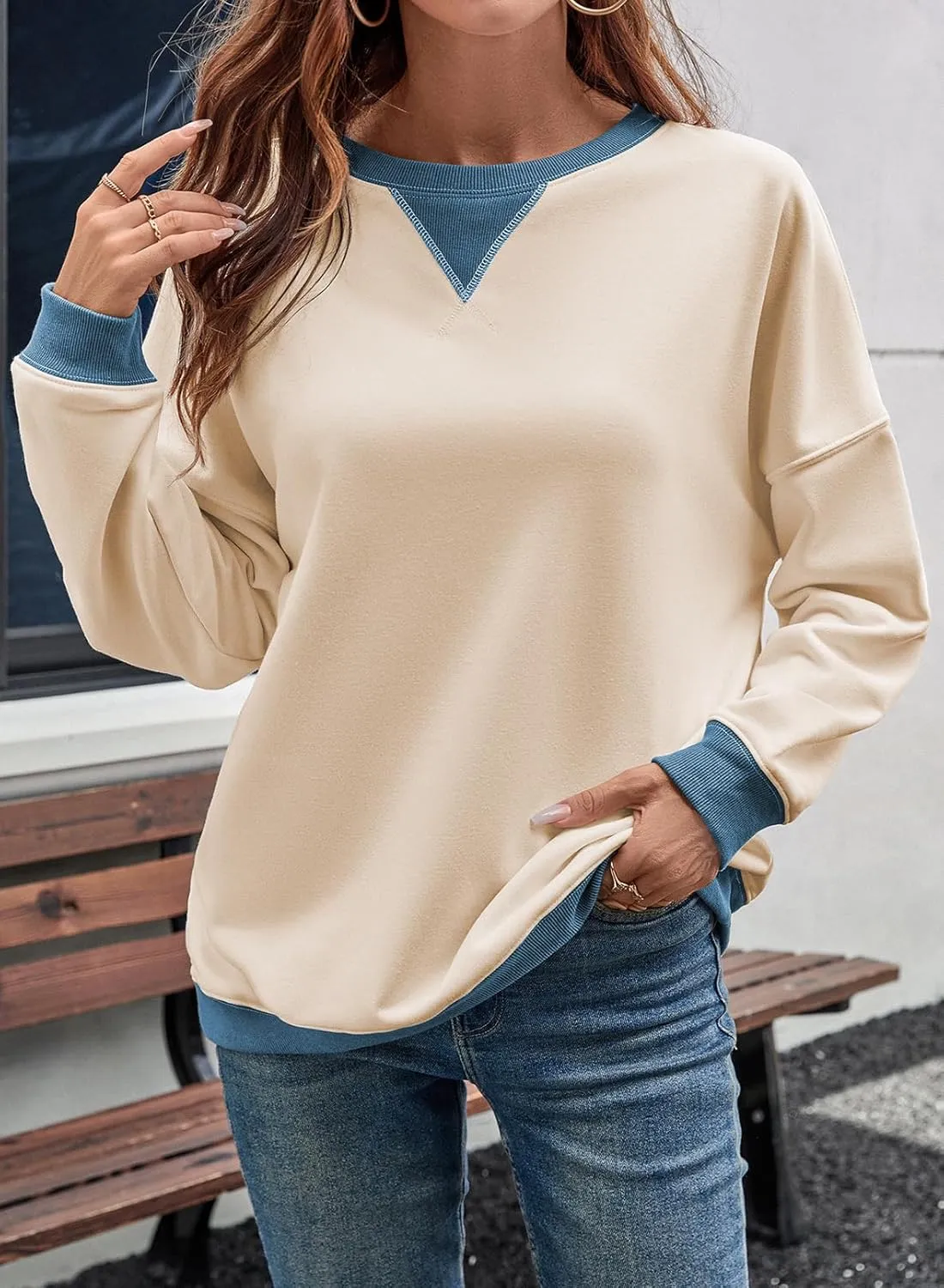 Samefar Women's Sweatshirts Oversized Color Block Crew Neck Long Sleeve Tops Casual Lightweight Pullover Shirts Y2K Clothes