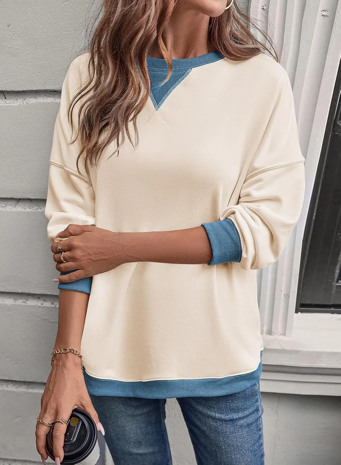 Samefar Women's Sweatshirts Oversized Color Block Crew Neck Long Sleeve Tops Casual Lightweight Pullover Shirts Y2K Clothes