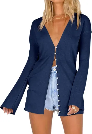 Saodimallsu Women Deep V Neck Cardigan Lightweight Button Down Long Sleeve Loose Open Front Knit Summer Shirts
