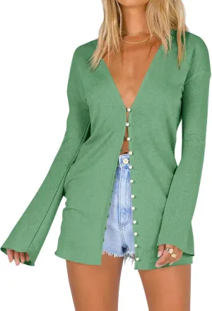 Saodimallsu Women Deep V Neck Cardigan Lightweight Button Down Long Sleeve Loose Open Front Knit Summer Shirts