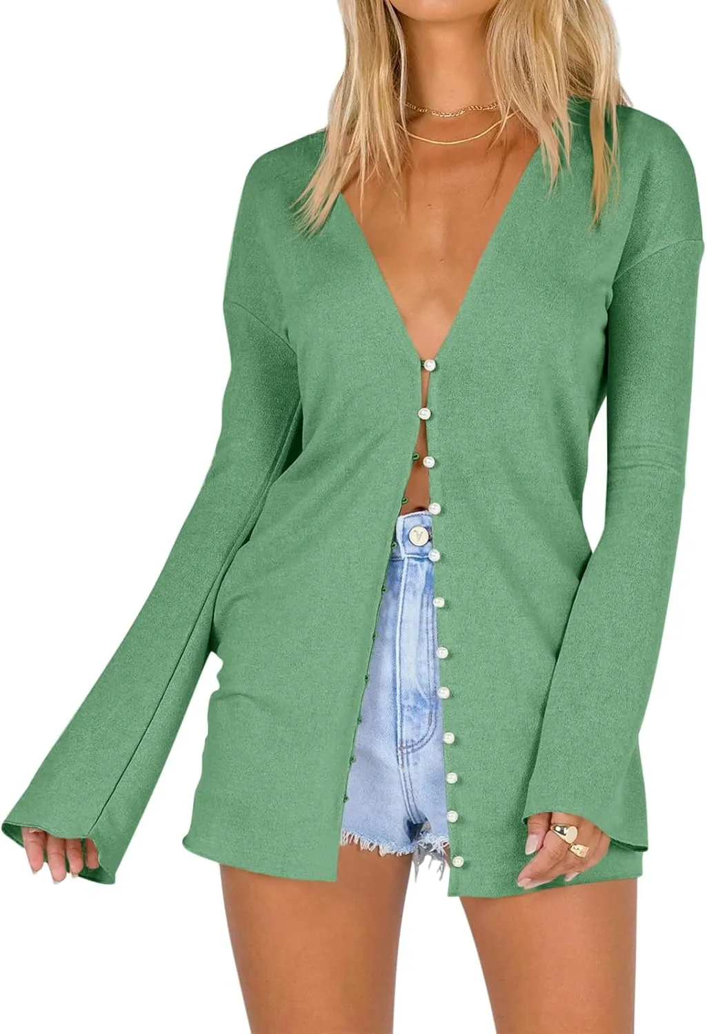 Saodimallsu Women Deep V Neck Cardigan Lightweight Button Down Long Sleeve Loose Open Front Knit Summer Shirts