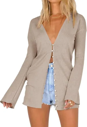 Saodimallsu Women Deep V Neck Cardigan Lightweight Button Down Long Sleeve Loose Open Front Knit Summer Shirts