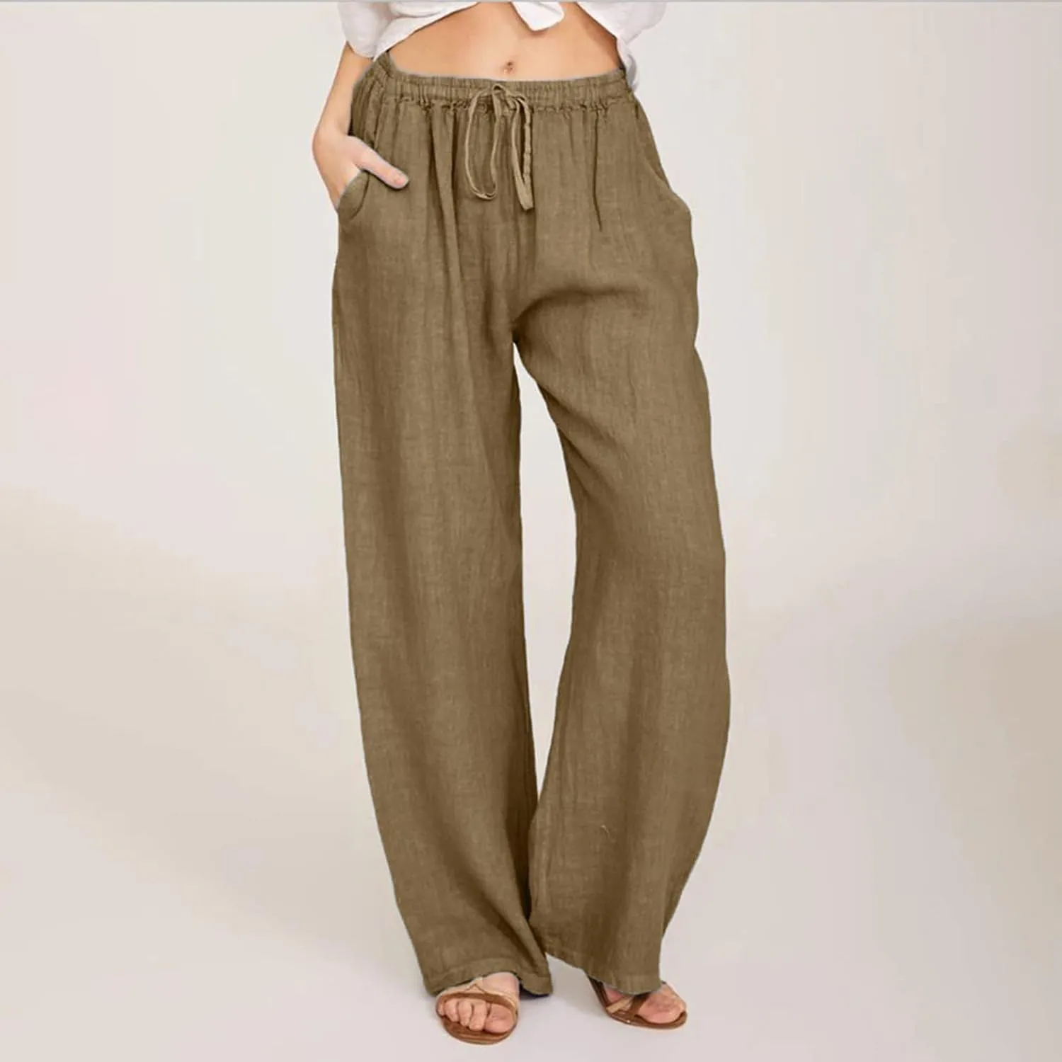 SHAOBGE Cotton Linen Pants for Women Summer Wide Leg Casual Loose Drawstring High Waist Palazzo Pants Trousers with Pockets