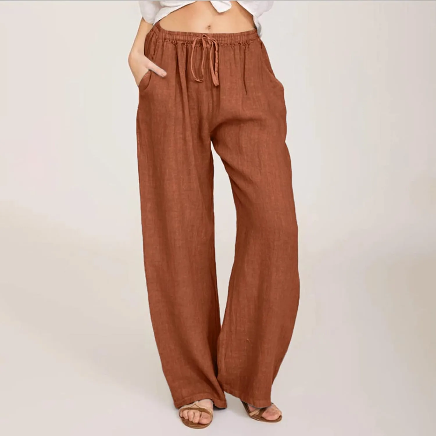 SHAOBGE Cotton Linen Pants for Women Summer Wide Leg Casual Loose Drawstring High Waist Palazzo Pants Trousers with Pockets