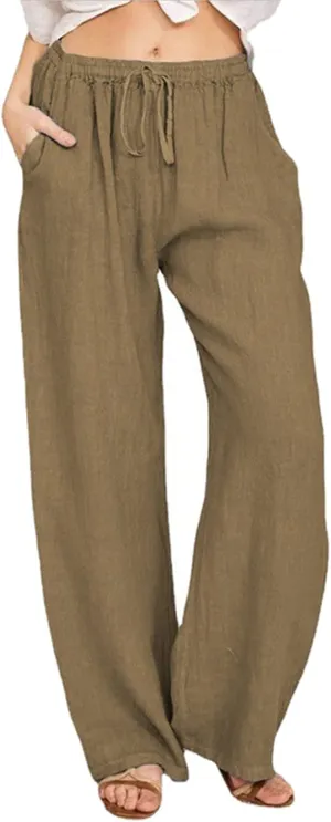 SHAOBGE Cotton Linen Pants for Women Summer Wide Leg Casual Loose Drawstring High Waist Palazzo Pants Trousers with Pockets