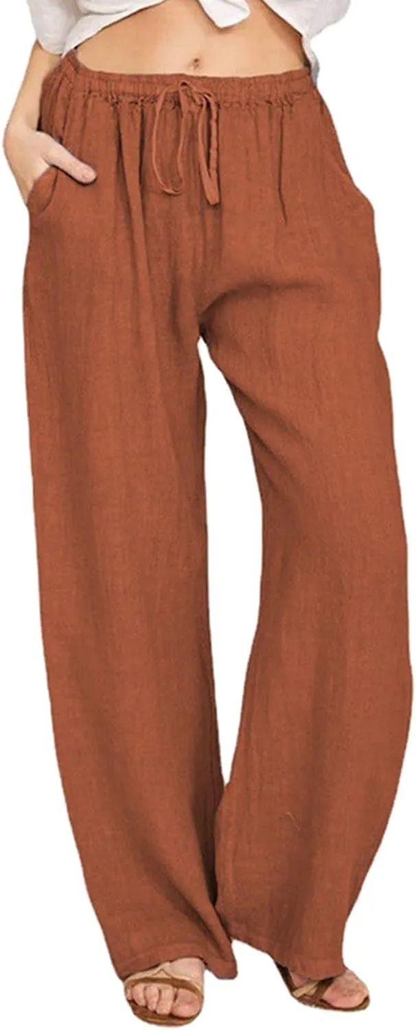 SHAOBGE Cotton Linen Pants for Women Summer Wide Leg Casual Loose Drawstring High Waist Palazzo Pants Trousers with Pockets