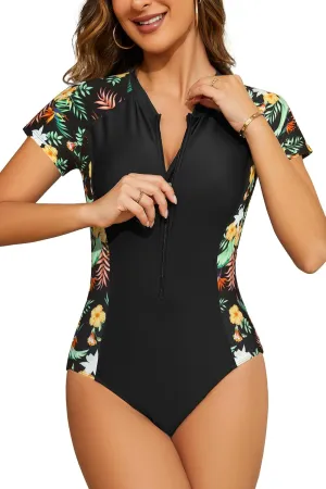 SHEKINI Women's Short Sleeve Rash Guard Swim Shirts UV Protection Zipper Surfing One Piece Swimsuit UPF 50