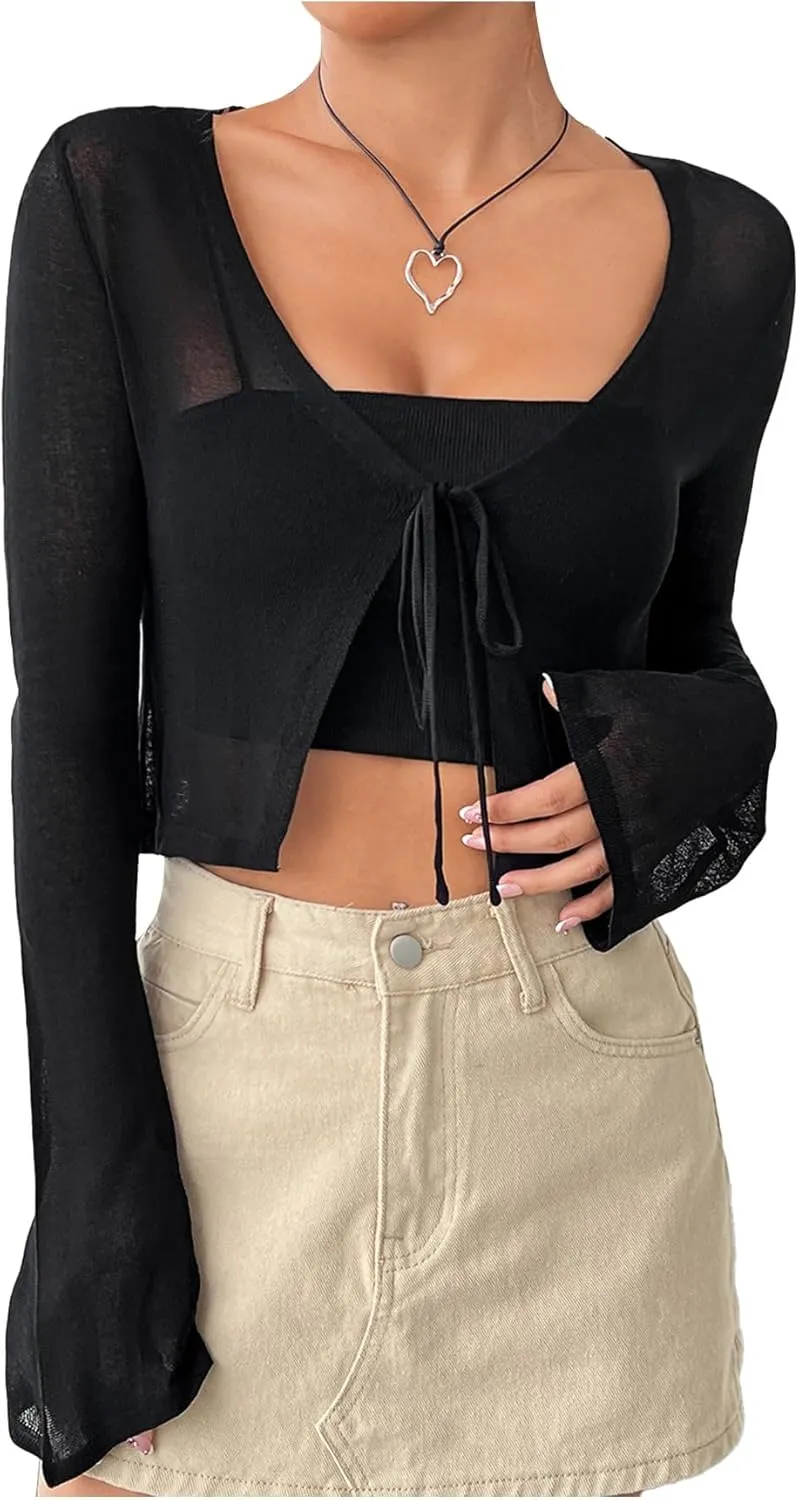 SHENHE Women's Mesh Sheer V Neck Tie Front Long Sleeve Solid Crop Cardigan