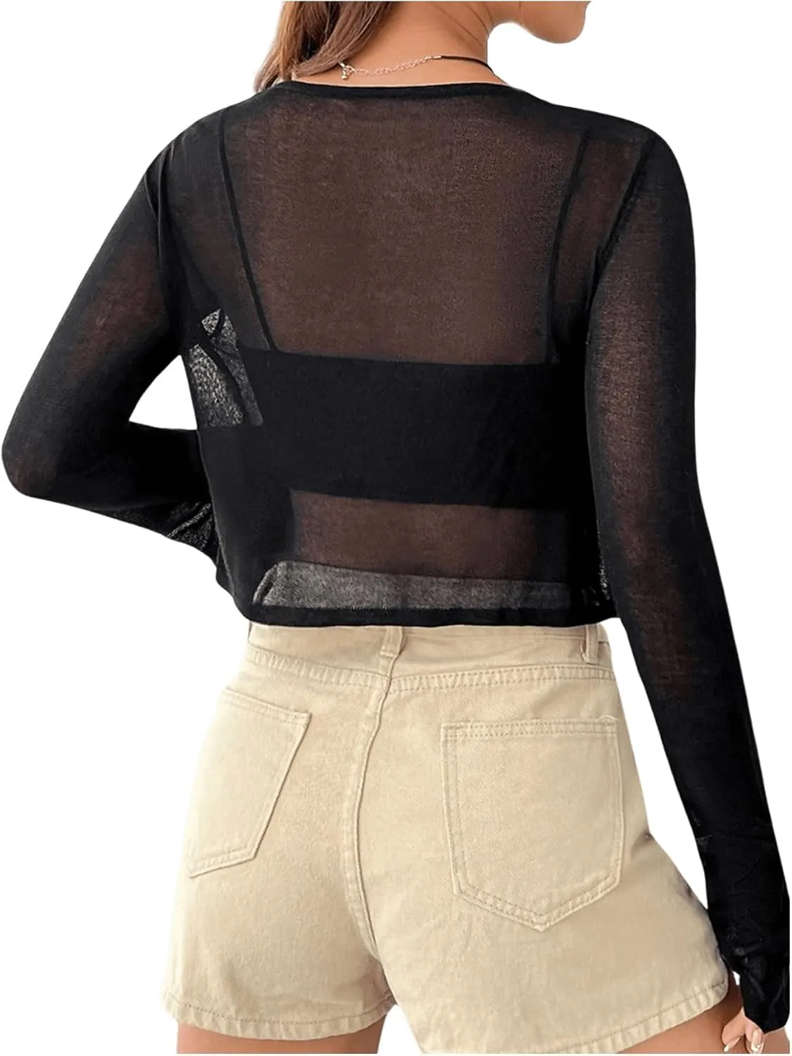 SHENHE Women's Mesh Sheer V Neck Tie Front Long Sleeve Solid Crop Cardigan