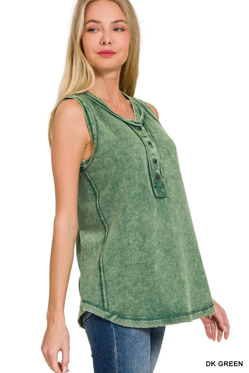 .SI-26138 Washed Half Button Raw Edge Henley Top: ASH MOCHA-167020 / L