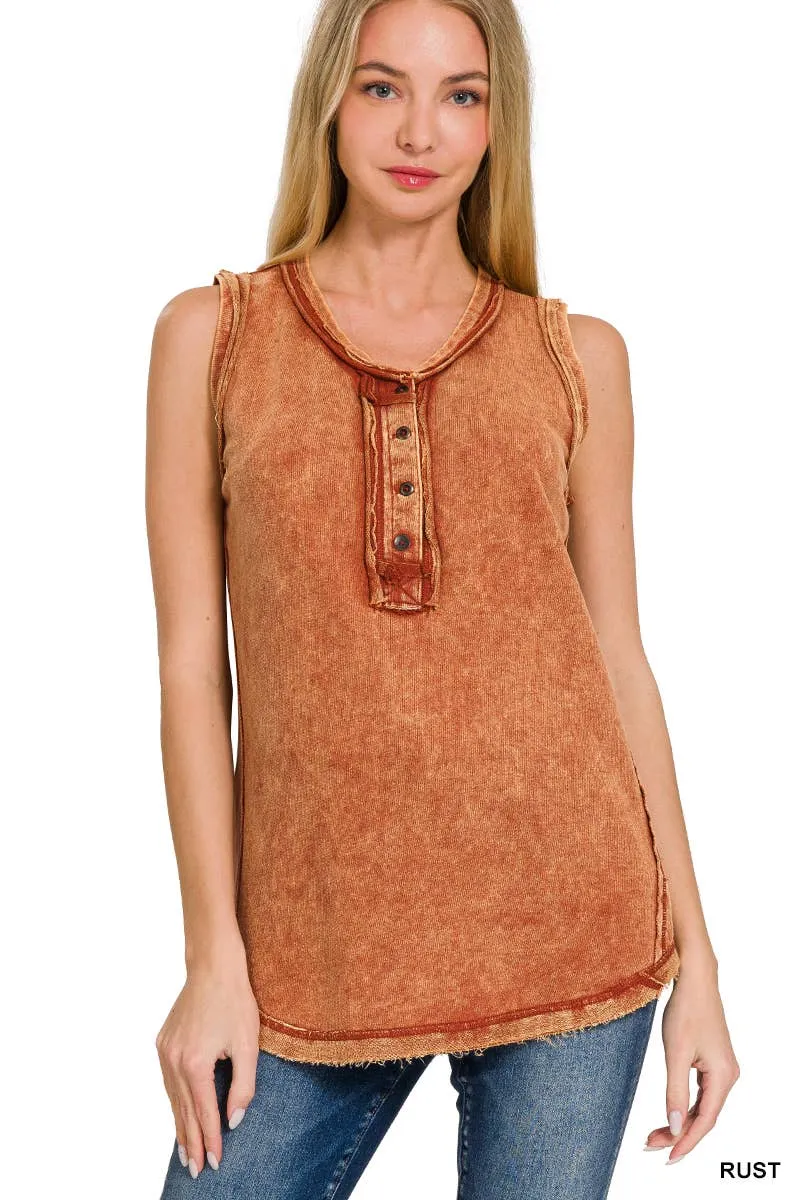 .SI-26138 Washed Half Button Raw Edge Henley Top: ASH MOCHA-167020 / L