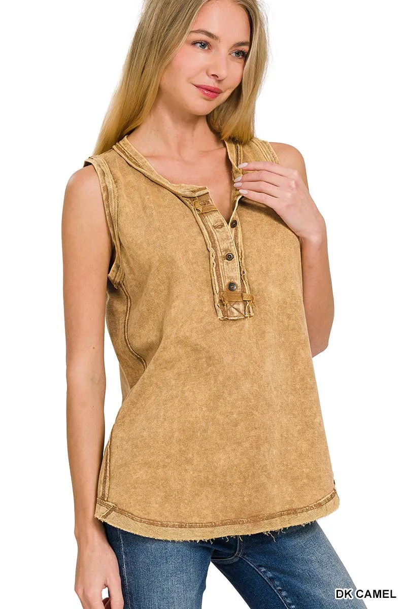 .SI-26138 Washed Half Button Raw Edge Henley Top: ASH MOCHA-167020 / L