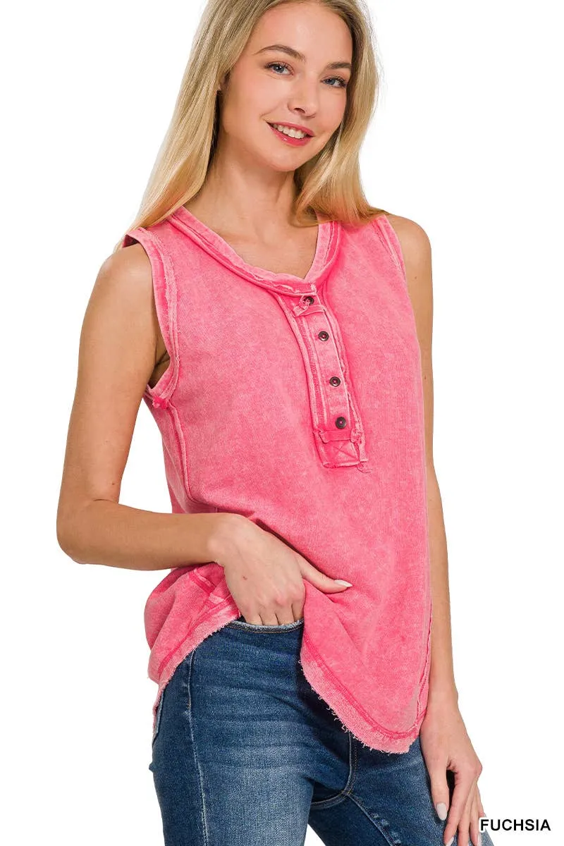 .SI-26138 Washed Half Button Raw Edge Henley Top: ASH MOCHA-167020 / L