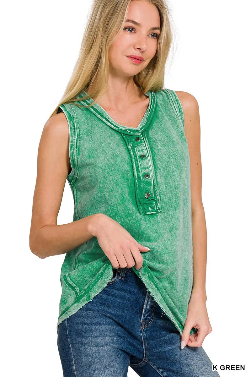 .SI-26138 Washed Half Button Raw Edge Henley Top: ASH MOCHA-167020 / L