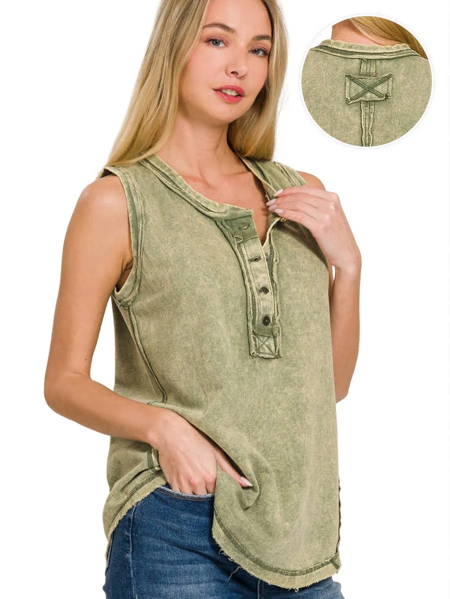 .SI-26138 Washed Half Button Raw Edge Henley Top: ASH MOCHA-167020 / L