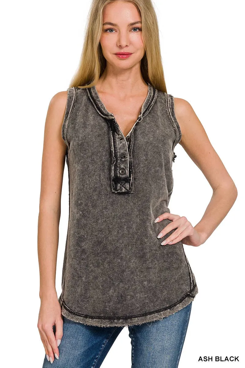 .SI-26138 Washed Half Button Raw Edge Henley Top: ASH MOCHA-167020 / S