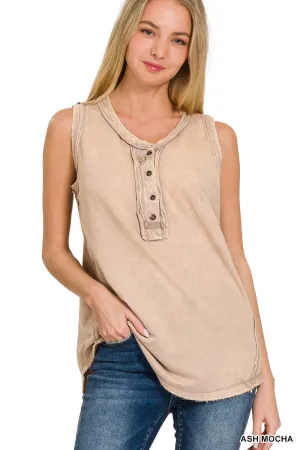.SI-26138 Washed Half Button Raw Edge Henley Top: ASH MOCHA-167020 / S