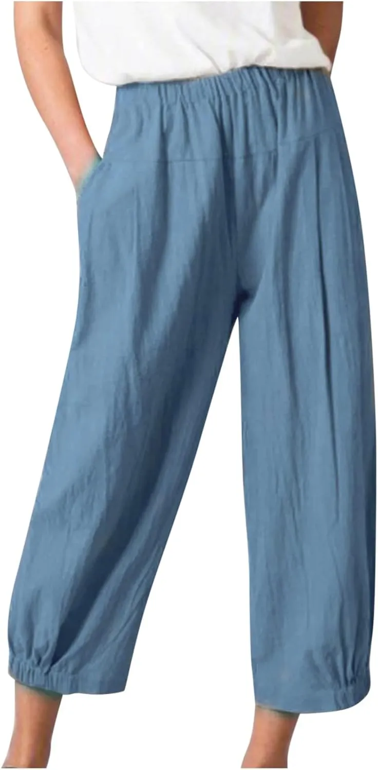 SMIDOW Women's Capris and Cropped Pants Dressy Casual Cotton Linen Pant Elastic High Waist Loose Wide Leg Long Trousers