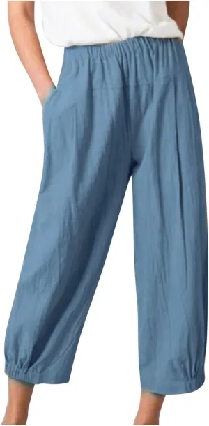 SMIDOW Women's Capris and Cropped Pants Dressy Casual Cotton Linen Pant Elastic High Waist Loose Wide Leg Long Trousers