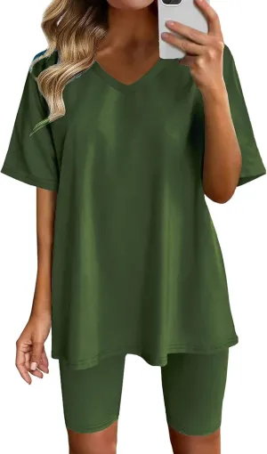 Sport Sets Women 2 Piece Outfits Women Summer Casual Oversized T-Shirt Tops Biker Shorts Workout Sports Tracksuit