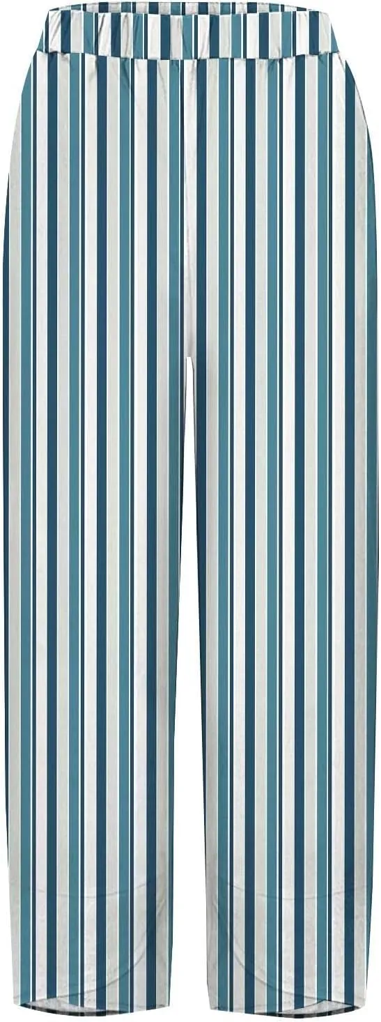 Striped Linen Pants Women 2025 Plus Size Wide Leg Cropped Pants Summer High Waist Lightweight Trousers with Pockets