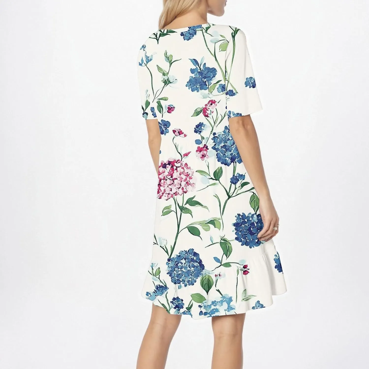 Summer Dresses for Women 2025 U Neck Short Sleeve Knee Length Floral Dress Boho Tiered Ruffle Hem Vacation Dresses