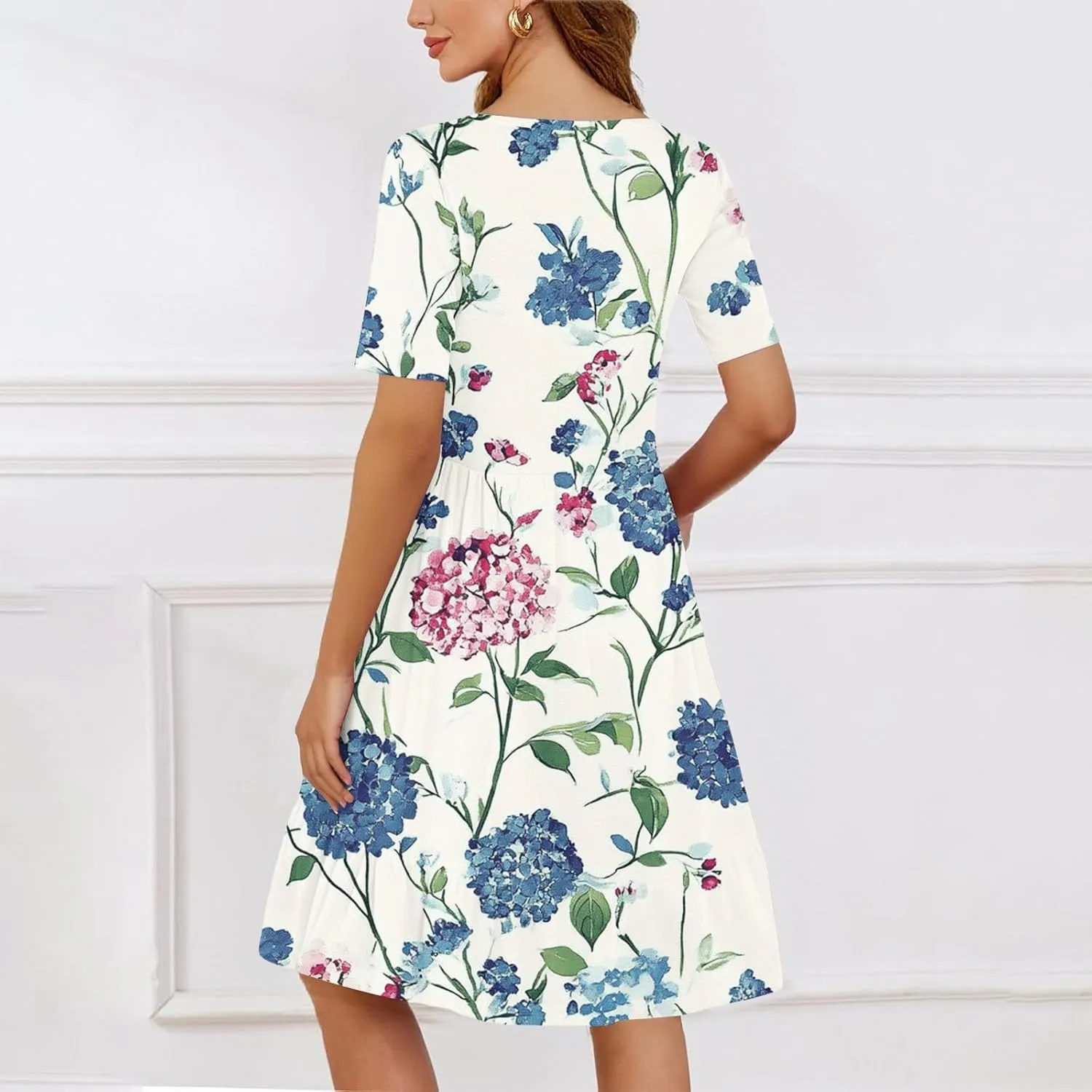Summer Dresses for Women 2025 U Neck Short Sleeve Knee Length Floral Dress Boho Tiered Ruffle Hem Vacation Dresses