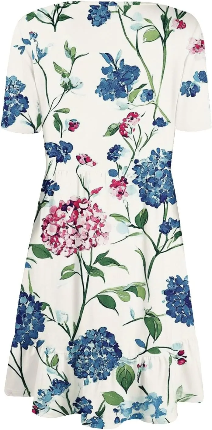 Summer Dresses for Women 2025 U Neck Short Sleeve Knee Length Floral Dress Boho Tiered Ruffle Hem Vacation Dresses