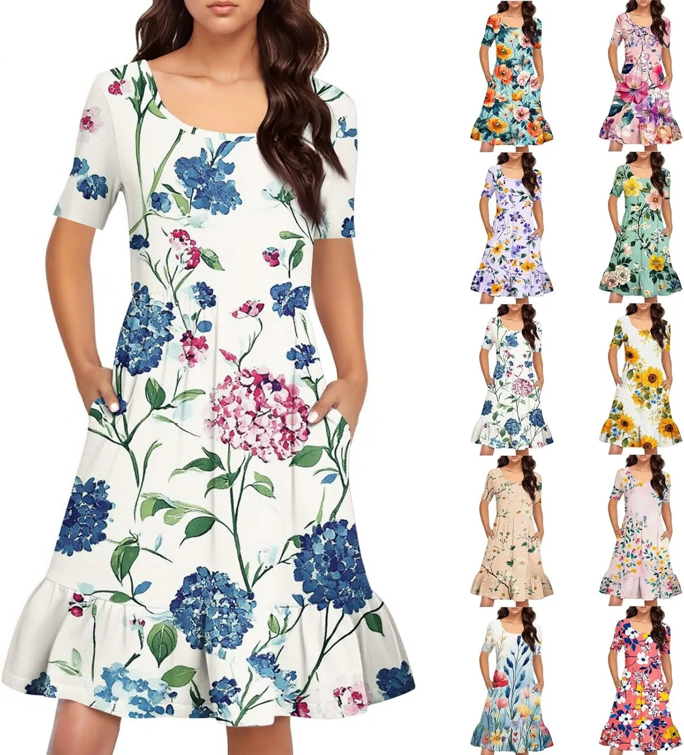 Summer Dresses for Women 2025 U Neck Short Sleeve Knee Length Floral Dress Boho Tiered Ruffle Hem Vacation Dresses