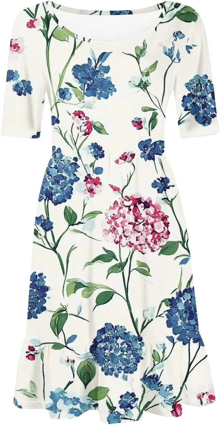 Summer Dresses for Women 2025 U Neck Short Sleeve Knee Length Floral Dress Boho Tiered Ruffle Hem Vacation Dresses